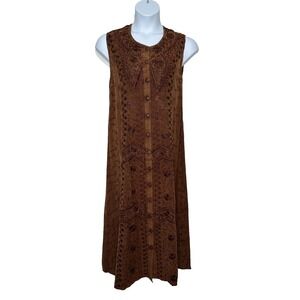 Renaissance Sleeveless Button front Midi Dress Size M Brown Embroidered